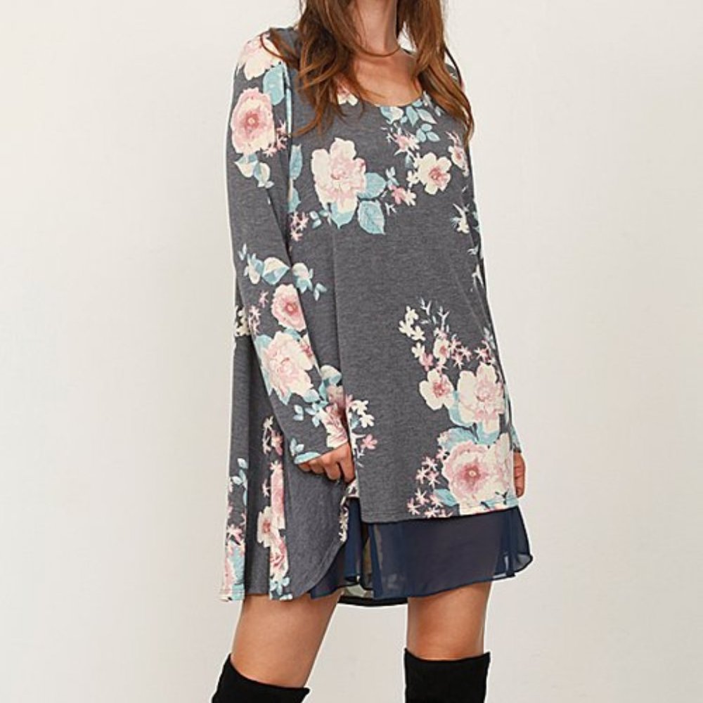 NEW Grey Navy Rose Floral Chiffon Scoop neck Layered Dress M Casual Boho